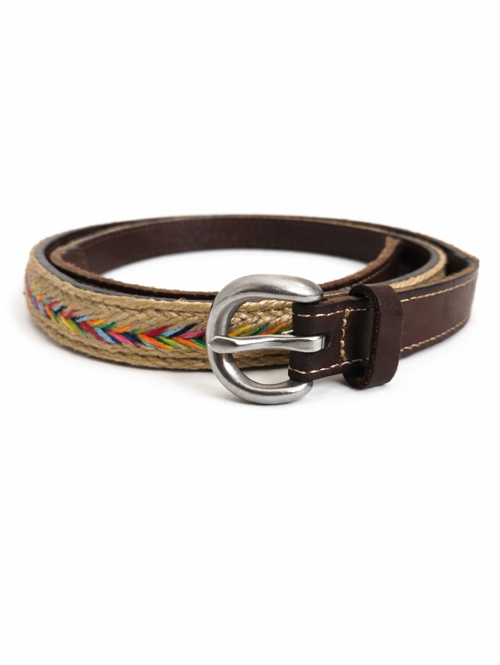 Braided Jute & Leather Belt XL | Genuine Leather Trim | Boho Multicolor Woven